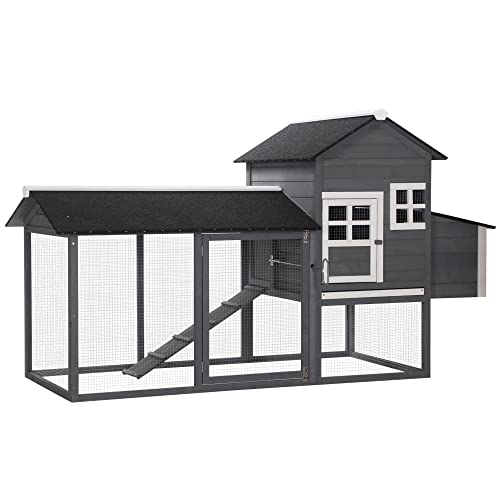 PawHut 82" Chicken Coop Wooden Rabbit Hutch Hen House Poultry Cage Pen Outdoor Backyard with Run and Nesting Box, Grey