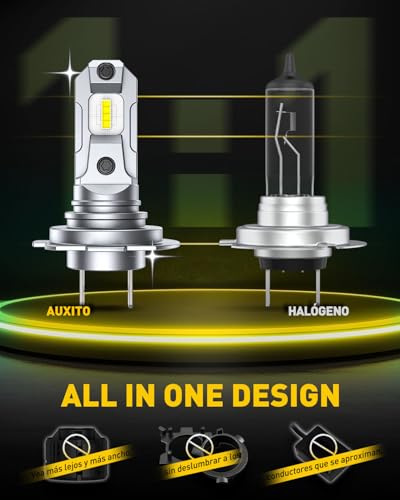 AUXITO Bombilla H7 LED 36000LM - 6500K Luz Fría, Tamaño 1:1 Halógeno, Sin Parpadeos, Instalación Plug & Play, 60000+ Horas, IP68 (Lote de 2)