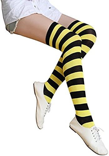 Modishou Women's Striped Stocking Thigh High Over Knee Long Socks Yellow Black