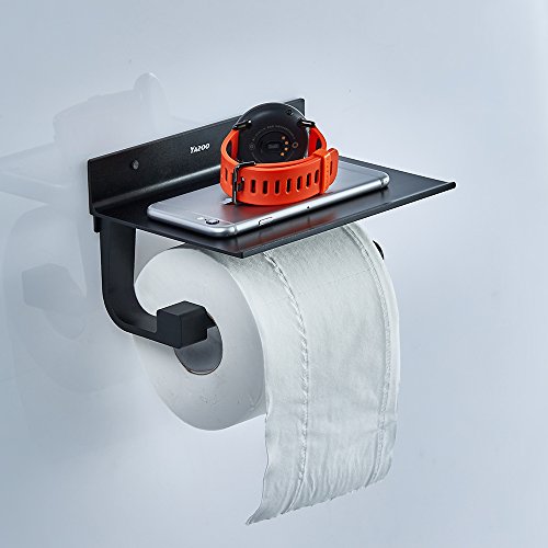 YAZOO Wall Mounted Toilet Paper Holder Black Stainless Steel Roll Holder With Mobile Phone Storage Shelf Adhesive Bathroom Accessories (Black-Two ways install) - Thumbnail 4