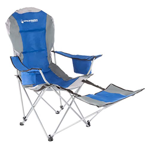 Wakeman Outdoors Camp Chair with Footrest-300lb. Capacity Recliner Quad Seat with Cup Holder, Cooler, Carry Bag-Tailgating, Camping, Fishing (Blue)