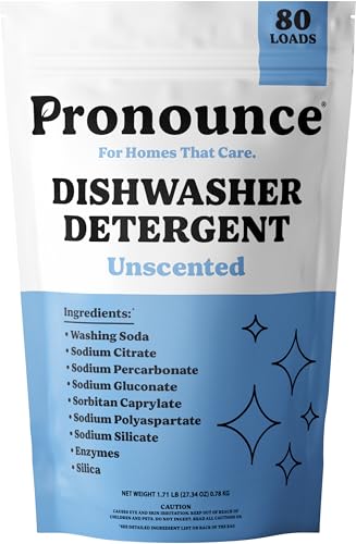 Pronounce Dishwasher Detergent - Cleaner Ingredients, Fragrance Free - Ultra Concentrated Dish Soap, Cuts Grease and Grime, Dishwasher Pods Alternative (Residue-Free). (80 Loads, Unscented)