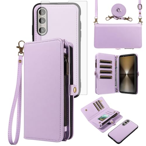 Asuwish Phone Case for Sony Xperia 1 VI 5G 2024 Zipper Wallet Detachable Cell Cover with Tempered Glass Screen Protector Crossbody Lanyard Strap Flip Card Holder Slot 1VI XQ-EC54 XQ-EC72 Purple