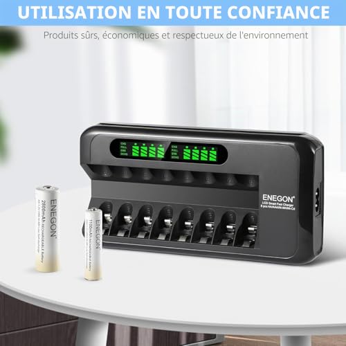 ENEGON AA AAA Rechargeable Battery Charger with LCD Display - 8 Independent Slots - Smart Ni-MH/Ni-CD Fast Charger with Protection - 100-240V AC Adapter