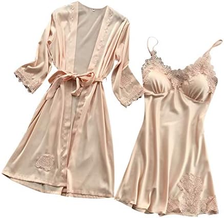 Women's Satin Lingerie Floral Embroidery Babydoll Sleepwear Lace Chemise Soft Nightgown Robe
