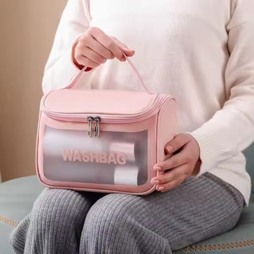 Necessaire Feminina Transparente Viagem Bolsa Ideal para Cosméticos Maquiagem Higiene Pessoal Fechamento com Zíper Fácil Acesso Design Moderno Funcional Impermeável (Rosa)