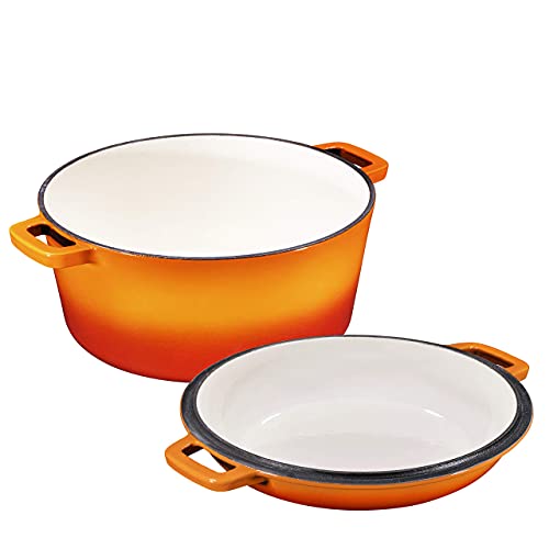 Bruntmor 2in1, 5 Quart Enamel Cast Iron Dutch Oven With Handles, 5 Qt Pumpkin Orange Cast Iron
