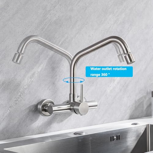 ONECE Wall Mounted Kitchen Tap with 2 Modes, Wall Taps with Rotating Nozzle, Single Lever Mixer Tap for Sink 360° Rotating, Stainless Steel 304, Removable Aerator