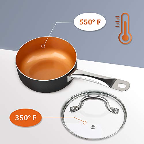 SHINEURI 2.5 Quart Nonstick Ceramic Copper Saucepan, Mini Sauce Pan with Lid & Stainless Steel Handle - Cooking for Soup, Stew, Sauce & Reheat Food, Compatible for Induction, Gas, Electric & Stovetops