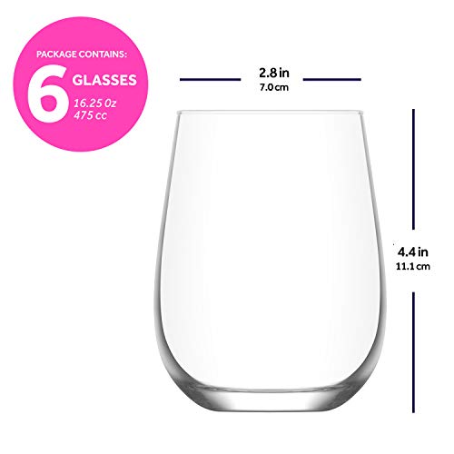 lav Stemless Wine Glasses Set of 6 16 oz Clear Glass Wine Tumbler Set