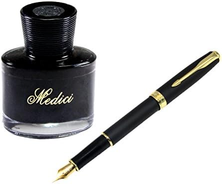 Fountain Pen and Bottled Ink Combo by Premiere. Matte Black Finish, Gold Plated Clip, Trim and Medium Fine Nib, Executive Signature Pen - Ink Refill Converter and 60 ml Bottle of Black Permanent Ink