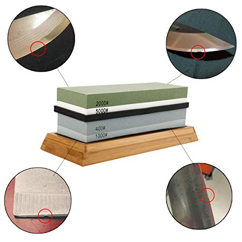 HighFree Premium Knife Sharpening Stone Set 400/1000 2000/5000 Knife Sharpener Waterstone with Non-Slip Bamboo Base Flattening Stone and Angle Guide