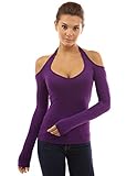 PattyBoutik Women's Halter Cut Out Shoulder Long Sleeve Top (Bright Purple S)