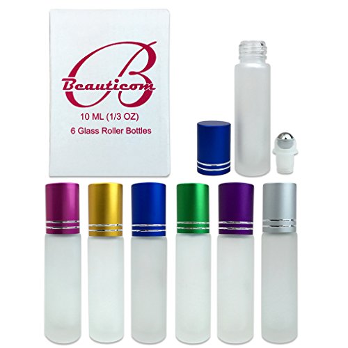 Beauticom® (Quantity: 6 Bottles, MIX Color) Glass Roll on Bottle 10ml ~ 1/3 oz with Metal Cap, Stainless Steel Roll Balls for Essential Oil, Aromatherapy, Perfume, Lip Gloss, Lip Balm, Roll on Bottles