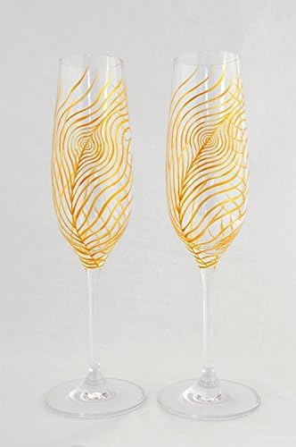 Gold Peacock Feather Flutes - Personalized Champagne Flutes, Wedding Toasting Flutes, Gold Feathers
