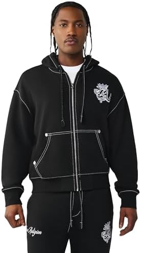 True Religion mens Large Branded Long Sleeve Zip Up Hoodie, Bone