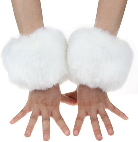 Womens Faux Fox Fur Hair Wrist Band Ring Cuffs Warmer (White)