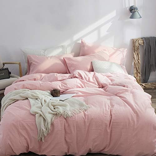 MooMee Solid Bedding Duvet Cover Set (1 Comforter Cover + 2 Pillow Shams) 100% Washed Cotton Linen Like Textured Breathable Durable Soft Comfy (Pink, Queen)