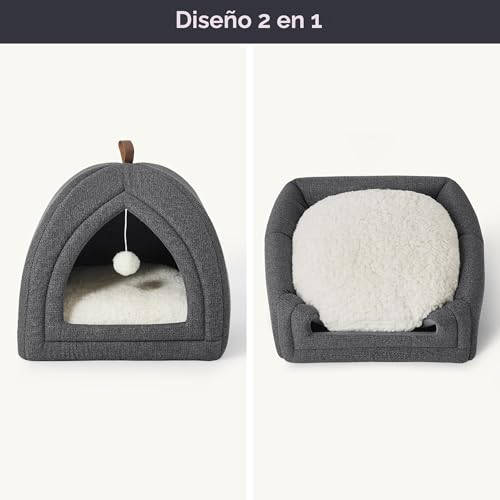 Bedsure Large Cat Bed - Cat Cave 44 x 44 x 44 cm, Indoor Cat House with Removable Sherpa Cushion and Hanging Toy, Washable Bed, Dark Grey