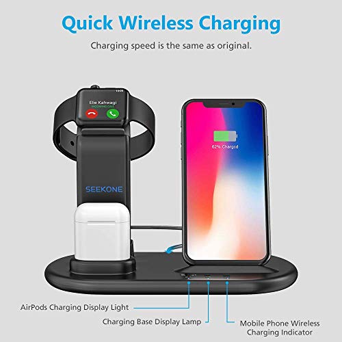 SEEKONE Wireless Charger 3 in 1 Wireless Charging Stand Dock Station for AirPods 2/1 and Watches 5/4/3/2/1, Qi Fast Wireless Charger Compatible with iPhone 8/8 Plus/X/XS/XR/XS Max/iPhone 11/11 Pro - Thumbnail 3