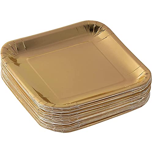 Gold Paper Party Plates for Birthday Cake Dessert, Foil Square Design