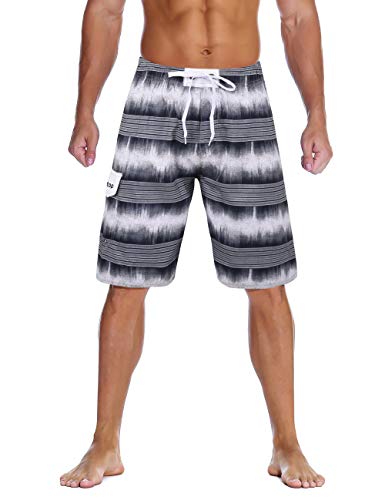 Unitop Men's Striped Swim Trunks Long Beach Board Shorts with Lining Gray-2 34