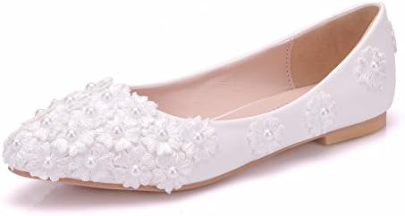 Women Lace Flower Pearls Flat Bridal Wedding Dress Platform Shoes White