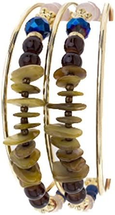 WOMENS FASHION JEWELRY-Precious Stone &amp; Bead Layer Open Cuff-GOLD TONE WITH BROWN AND BLUE BEADS