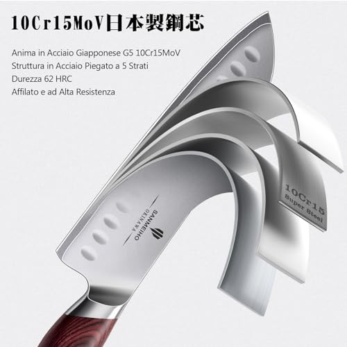 SANMEIHO Kitchen Knife 18 cm, Japanese Santoku Knife in High Carbon Steel 10Cr15Mov with Ultra Sharp Blade from 12° and Ergonomic Pakkawood Handle