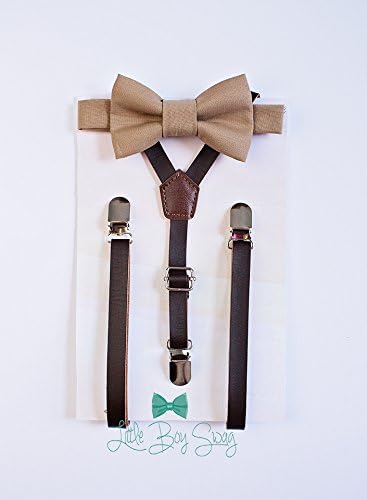 Sandy Brown Bow Tie with Dark Brown Leather Suspenders. A stylish look for ring bearers, groomsman, birthday parties, cake smash or family photos.