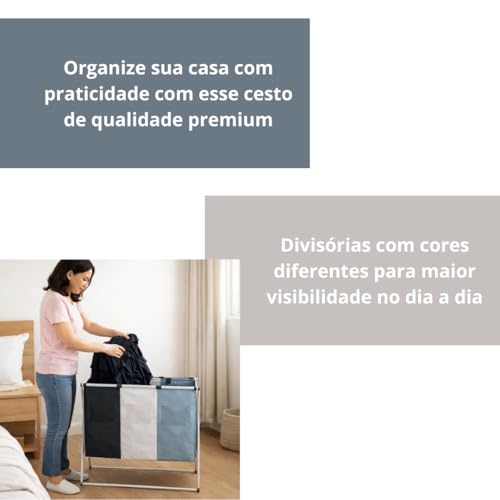 Cesto de Roupas com 3 Compartimentos, Dobrável, Resistente à Água, Suporte de Metal, Organizador de Lavanderia