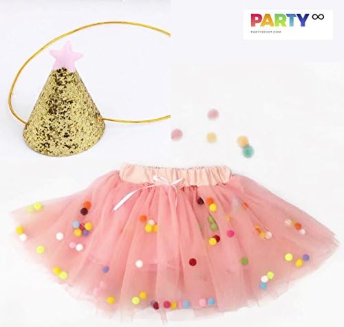 PartyEight 1st Birthday Girls Pink Tutu Skirt with Colorful Polypropylene Ball and Cone Hat with Adjustable Headband