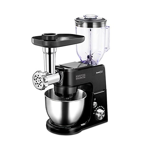 Geek Chef Mini 4-in-1 Stand Mixer: Multi-function, 2.6 Quart Stainless Steel Bowl, 7 Speeds with pulse, Die-cast Tilt Head. Includes Pouring Shield, Beater, Whisk and Dough Hook (Black)