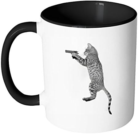 Cute Cat holds a Gun | Funny Cool White 11 oz Accent Coffee Mug in Different Colors