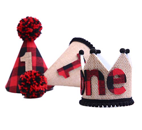 WAOUH 1st Birthday for Lumberjack Crown - Buffalo Plaid Burlap First Birthday Crown - Buffalo Check Plaid Party- Stiffened Burlap Crown Hat-Wild One (1st Birthday Lumberjack Crown)