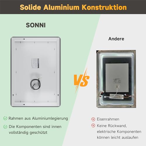 Sonni Bathroom LED Wall Mirror, Rectangular with LED Lighting, Cool White, IP44 Energy Saving