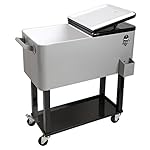 HIO 80 Qt Outdoor Patio Cooler Table On Wheels, Rolling Cooler With Shelf, Silver