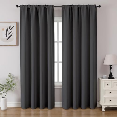 CUCRAF Dark Grey Blackout Curtains 84 inch Length 2 Panels Set, Rod Pocket Room Darkening Drapes for Bedroom Living Room, Insulated Thermal Light Blocking Window Curtain (W52 x L84 Inch)