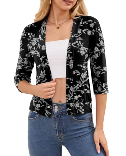 DouBCQ Shrugs for Women 3/4 Sleeve Cardigan White Carvings Black M at Amazon