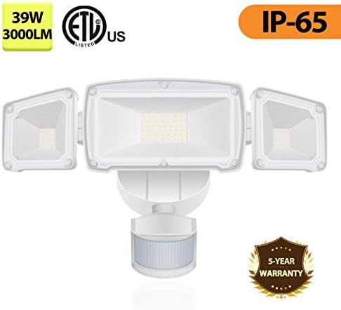 Richday 39W 3-Head LED Motion Sensor Lights,LED Outdoor Security Light, 3000LM,6000K,120V,IP65 Waterproof,3 Modes Dusk to Dawn Adjustable Head Flood Light for Entryways, Stairs, Yard and Garage