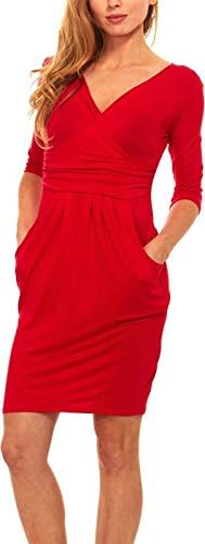 Seranoma Womens Basic V-Neck Sleeve Dress - 3/4 Sleeve Wrap Pencil Dress With Pockets (Large, Red)