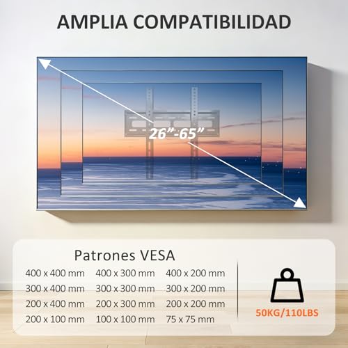 Salandens Soporte TV Universal, Soporte para Pantallas de LED y LCD de 26 a 65 Pulgadas, Soporta hasta 50 kg, Acero Súper Reforzado, Máx VESA 400x400 mm