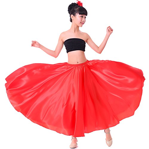 Red 5-7 Years Stretched Flowy Satin Long Skirt for Halloween Costume Dress up Flamenco Dance Performance