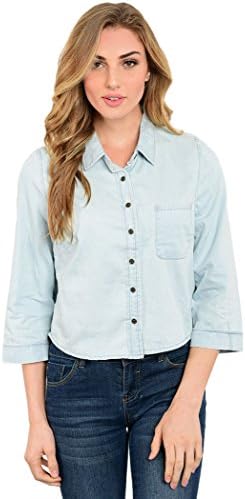 Shop the Trends Women's 3/4 Sleeve Button Down Denim Croped Top Large Light Blue