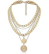 MJartoria Layered Necklaces for Women Retro Coin Pendant Gold Chain Necklaces Dainty Chunky Link ...