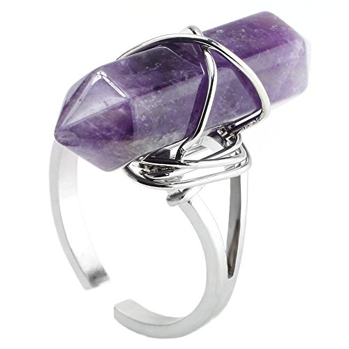 JewelrieShop Unisex Wire Wrapped Hexagonal Pile Good Luck Gemstone Crystal Adjustable Ring, Power Healing