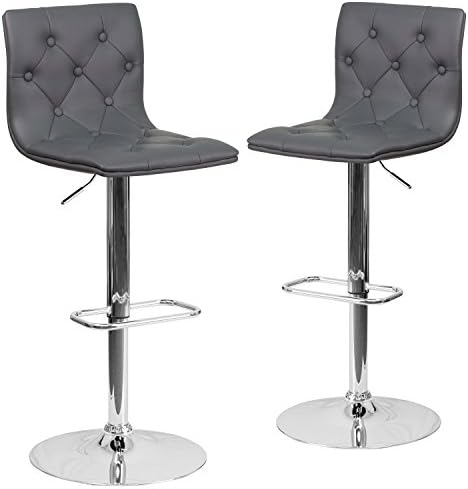Flash Furniture 2 Pack Contemporary Button Tufted Gray Vinyl Adjustable Height Barstool with Chrome Base