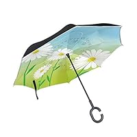 Jojogood Daisy Inverted Umbrella Reverse Auto Open Double Layer Windproof UV Protection Upside Down Umbrella for Car Rain Outdoor Use