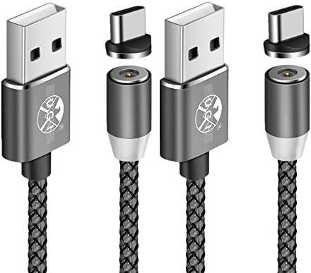 SKITCH Magnetic Charging Cable (2 Pack 3.3ft+6.6ft), 2 in 1 Nylon Braided Charger Cord, 360 Degree Rotating Magnetic Round Plug Compatible with Type C & Micro USB Device (Gray)