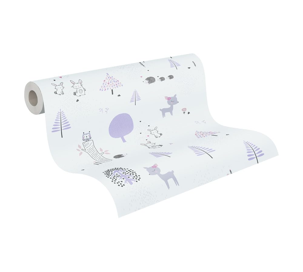 A.S. Création Animal Wallpaper Little Love Non-Woven Wallpaper 10.05 m x 0.53 m Purple White Grey Made in Germany 381171 38117-1